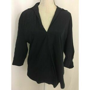 Zara Womens Solid Navy Blue V Neck Long Sleeve Work Career Top Xs